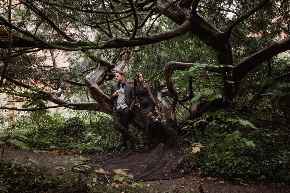 Brautpaar unter verschlungenen Baumästen, Schleppe im Grünen – Gothic-Hochzeit Paarshooting mit schwarzem Brautkleid.