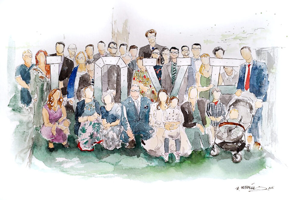 Aquarell Gruppenbild einer Hochzeitsgesellschaft als Live Painting vom Hochzeitsmaler und Schnellzeichner aus NRW bei Hell Yes Weddings.