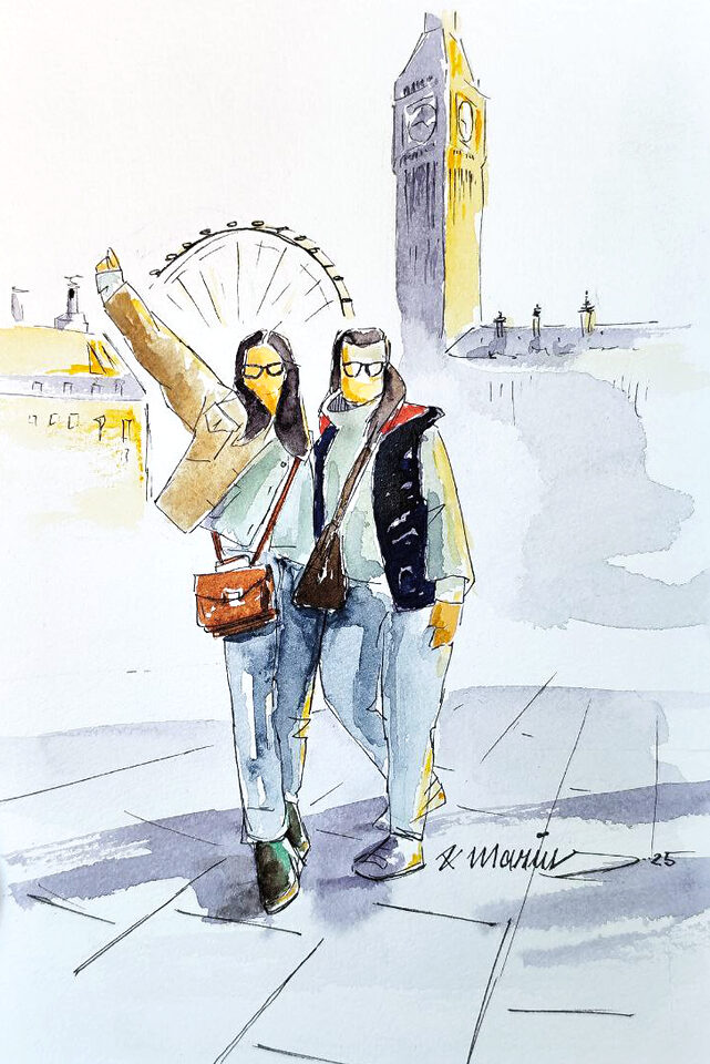 Live gemaltes Hochzeitsmotiv eines Paares vor London Skyline vom Hochzeitsmaler und Schnellzeichner aus NRW.