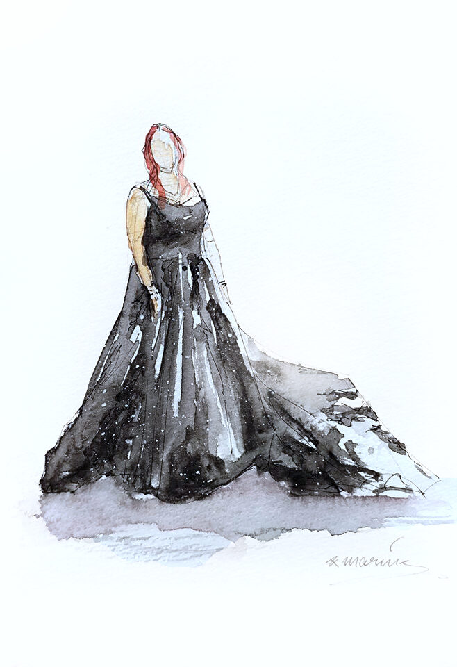 Aquarell Illustration einer Braut im schwarzen Kleid vom Hochzeitsmaler und Schnellzeichner bei einer alternativen Hochzeit.