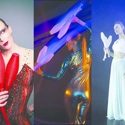 Verena Rau Entertainment verbindet Jonglage, Artistik und Fantasy zu einem magischen Showact für eure Hochzeit. Die Bildcollage zeigt verschiedene Looks und Performances: kraftvoll, bunt, elegant und voller Persönlichkeit.